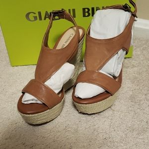 GIANNI BINI Camel Brown Leather Espadrille Wedge Sandals